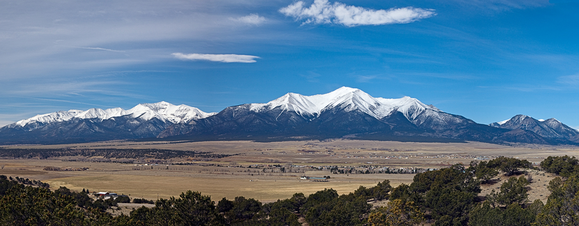 Panoramic view to the west of the Collegiate Peaks from near Rt. 285 and Buena Vista, Colorado, USA